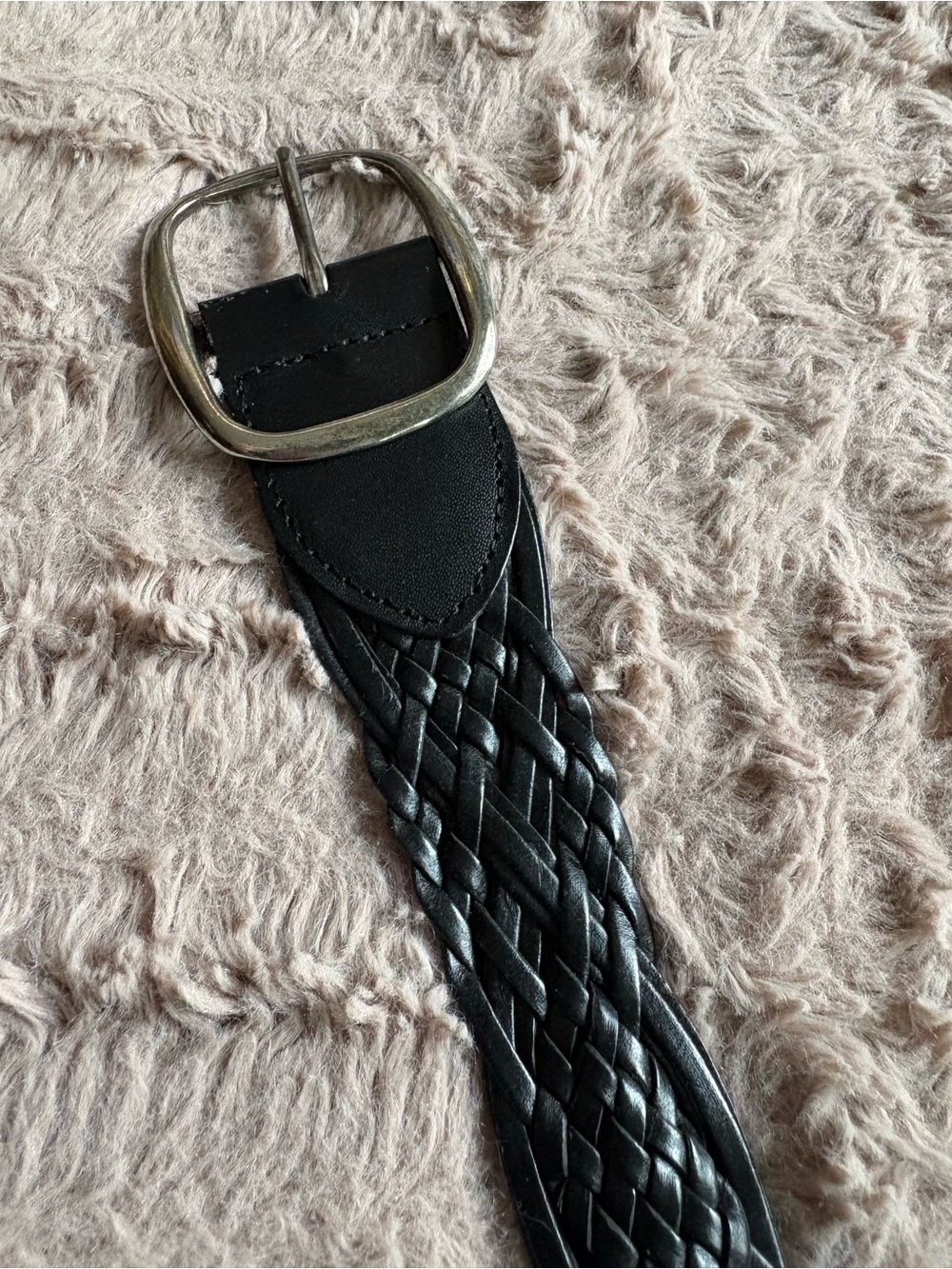 Women’s Black Woven Leather Belt with Silver Buckle